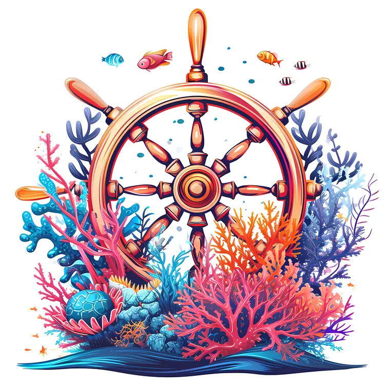 Ship Wheel with Coral and Fish