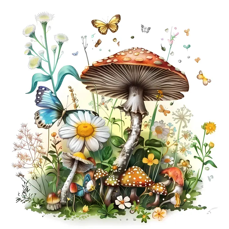 Mushrooms and Butterflies in the Forest