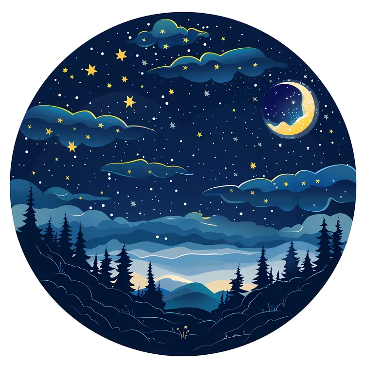 Round Night Sky with Moon and Stars