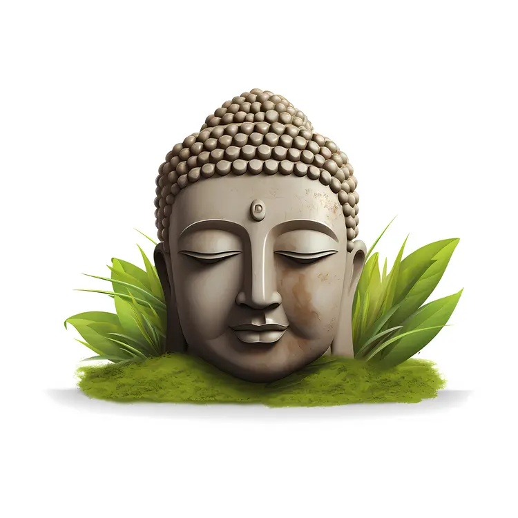 Peaceful Buddha Head Statue with Greenery