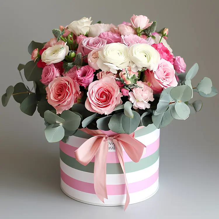 Gorgeous Pink and White Flower Arrangement in Striped Bucket