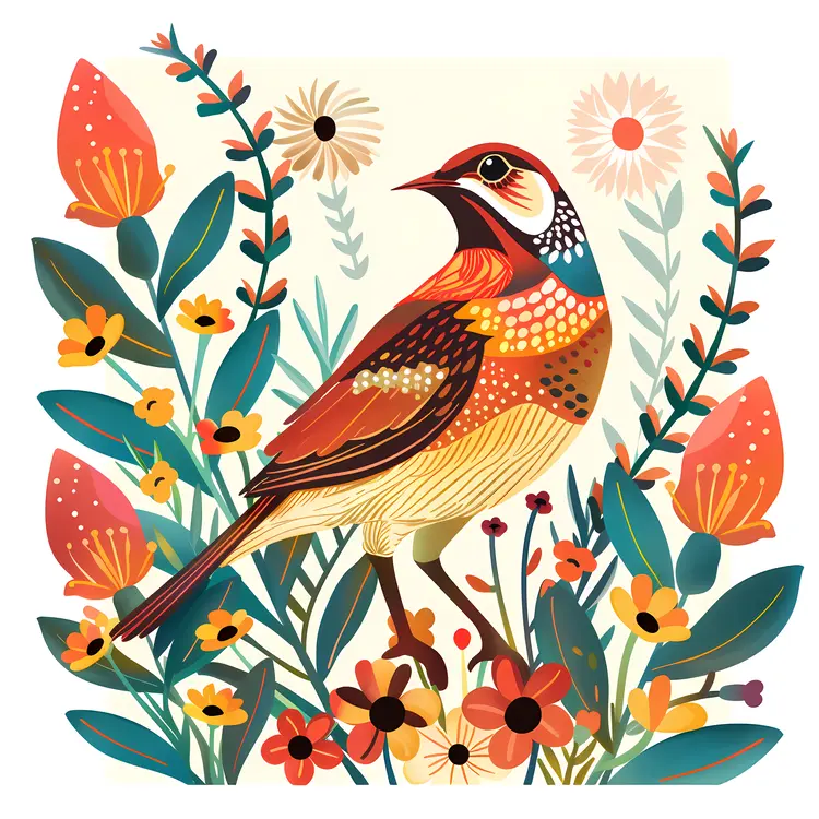Colorful Bird Among Flowers and Leaves