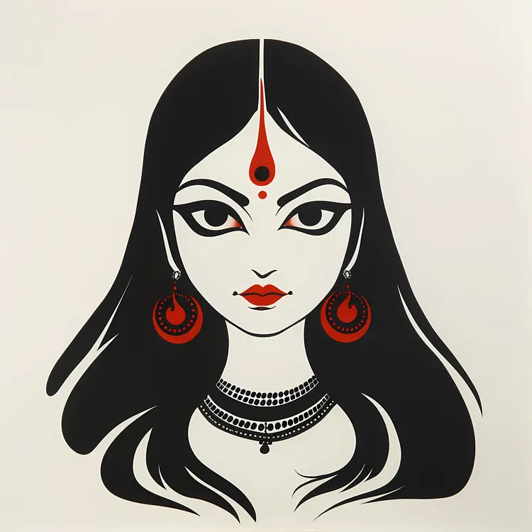 Black and White Goddess Illustration with Red Accents