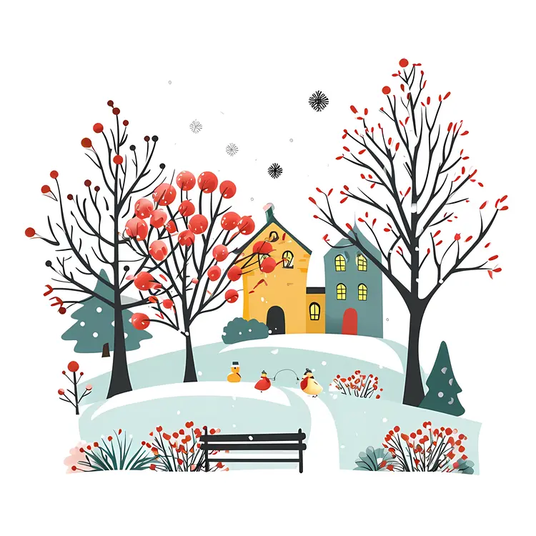 Winter Village with Snow and Red Berries