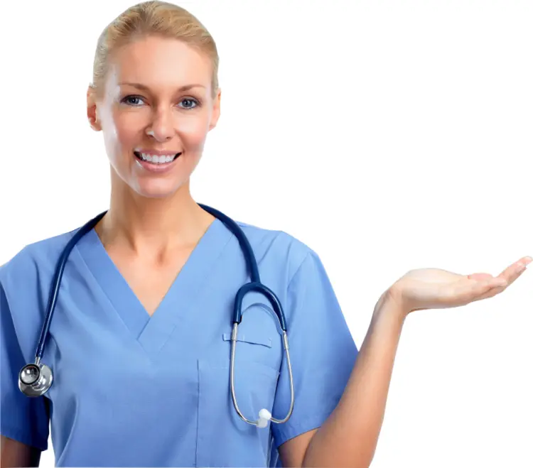 Smiling Female Doctor in Blue Scrubs