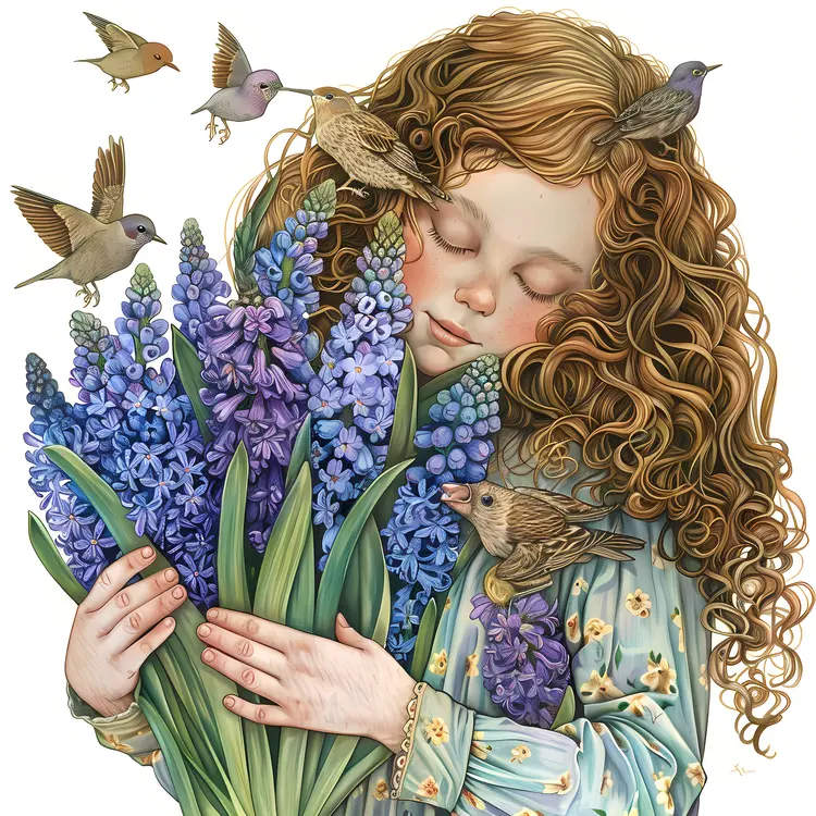 Girl with Blue Flowers and Birds