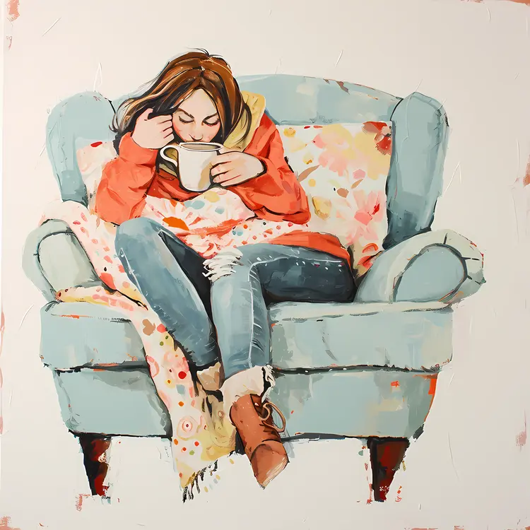 Girl with Cup Relaxing in Armchair
