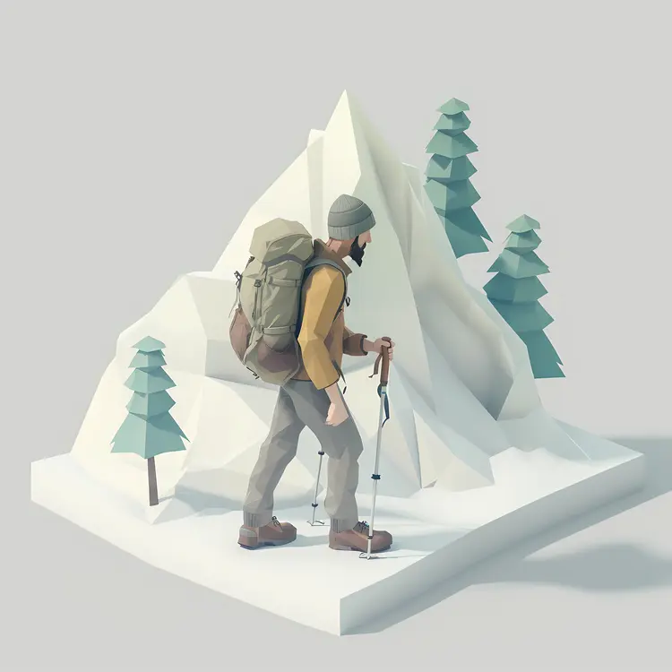 Hiker in Snowy Mountains with Backpack and Trekking Poles