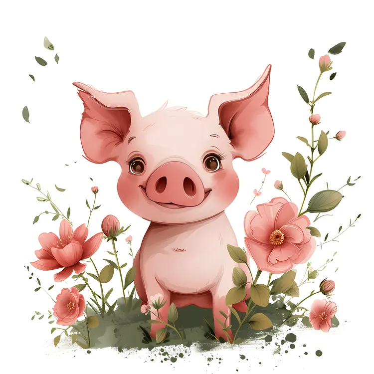 Piglet with Pink Flowers
