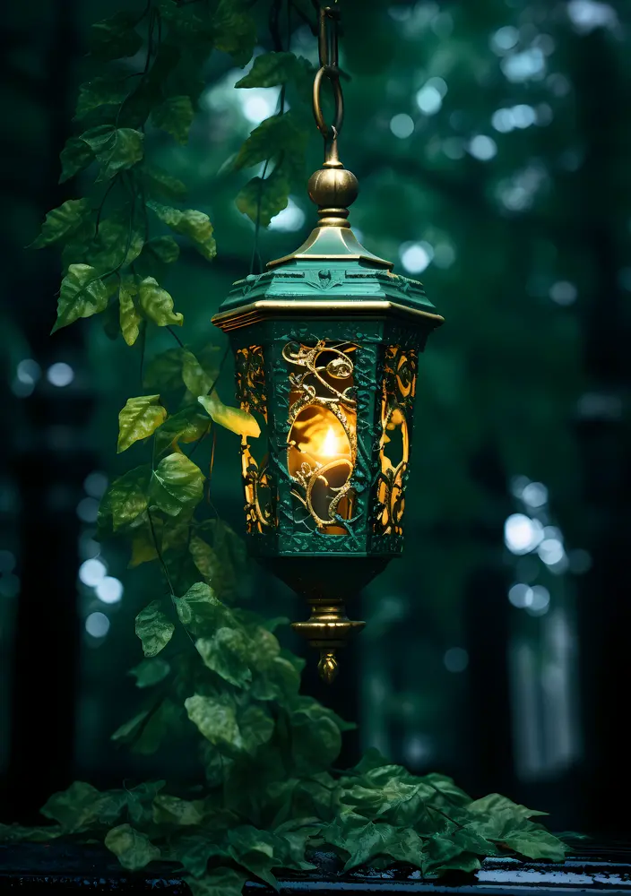 Ornate Lantern with Glowing Light in Forest