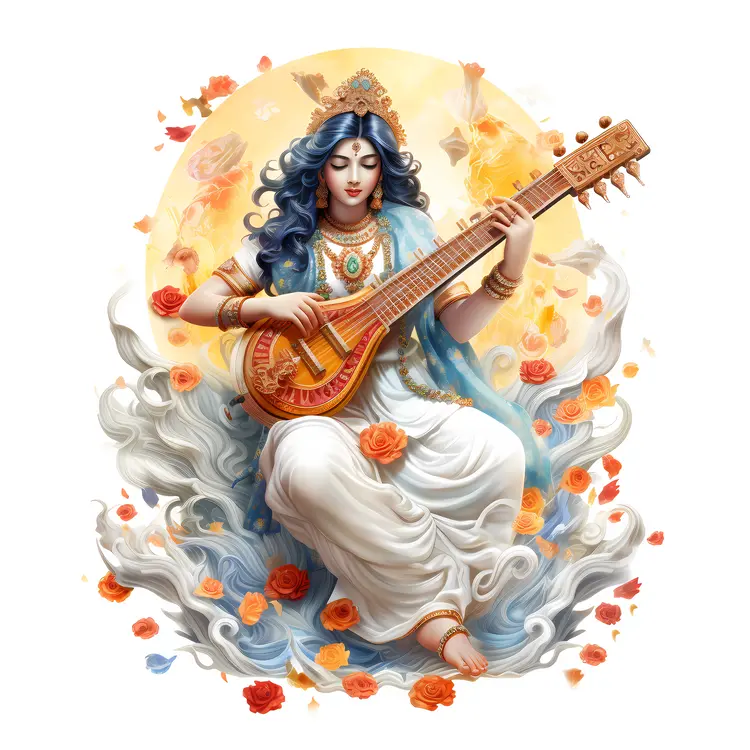 Goddess Playing Veena with Floral Background Illustration