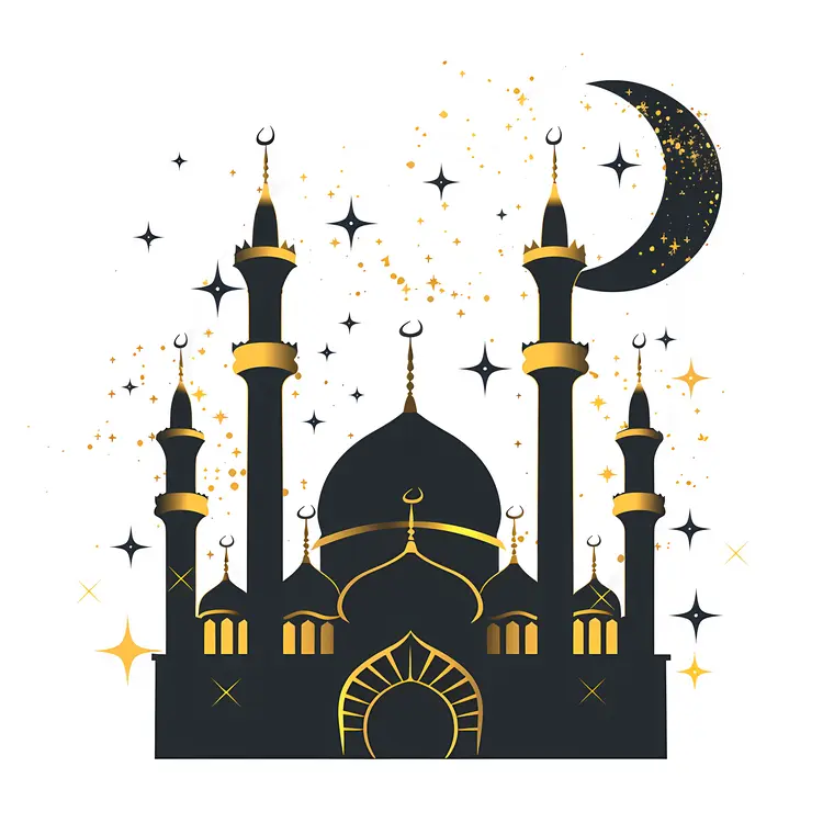 Black and Gold Mosque with Minarets and Crescent Moon