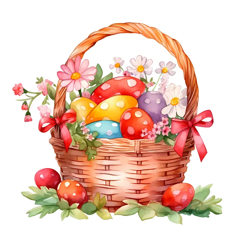 Easter Basket with Polka Dot Eggs and Red Ribbons