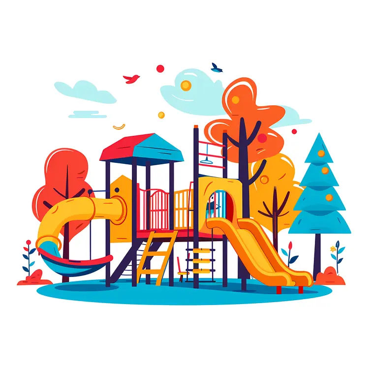 Colorful Playground with Slides and Trees