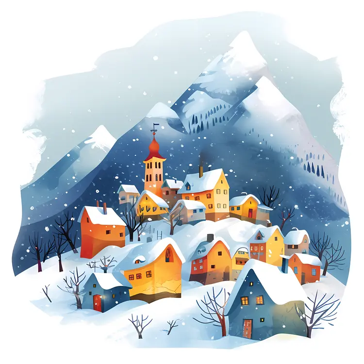 Snowy Village with Mountains