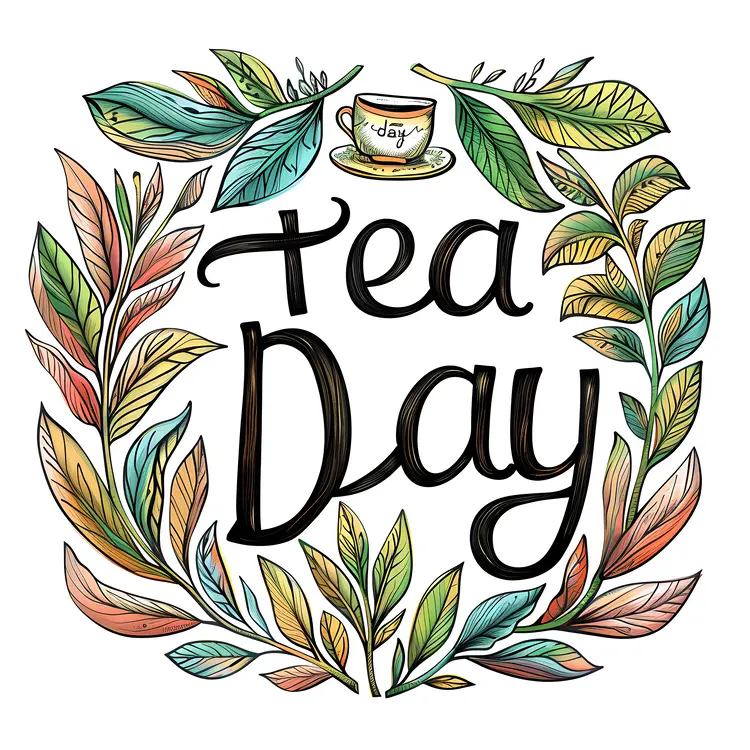 Colorful Tea Day Celebration with Leaves and Cup