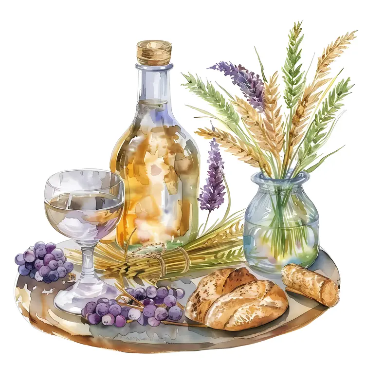 Still Life with Wine and Bread in Watercolor