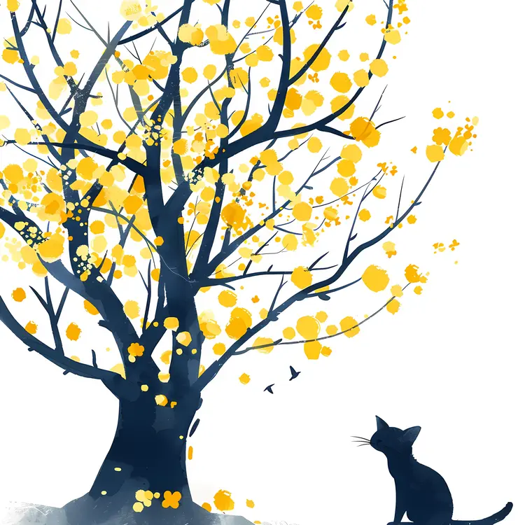 Black Cat with Yellow Tree