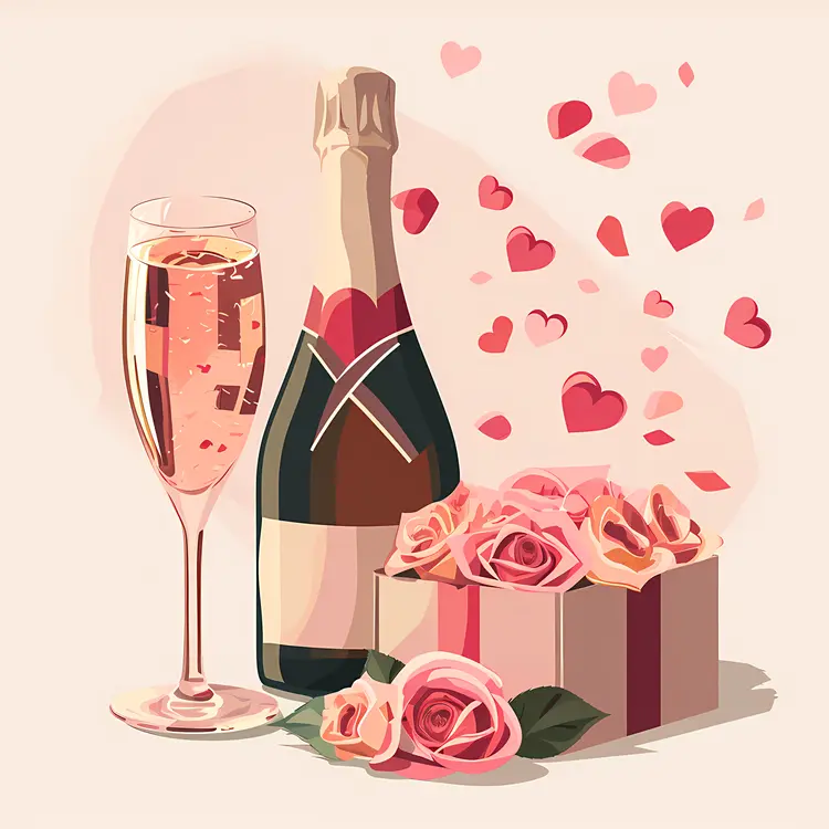 Romantic Champagne Bottle with Roses and Hearts