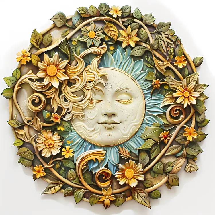 Artistic Sun and Moon with Flowers and Leaves