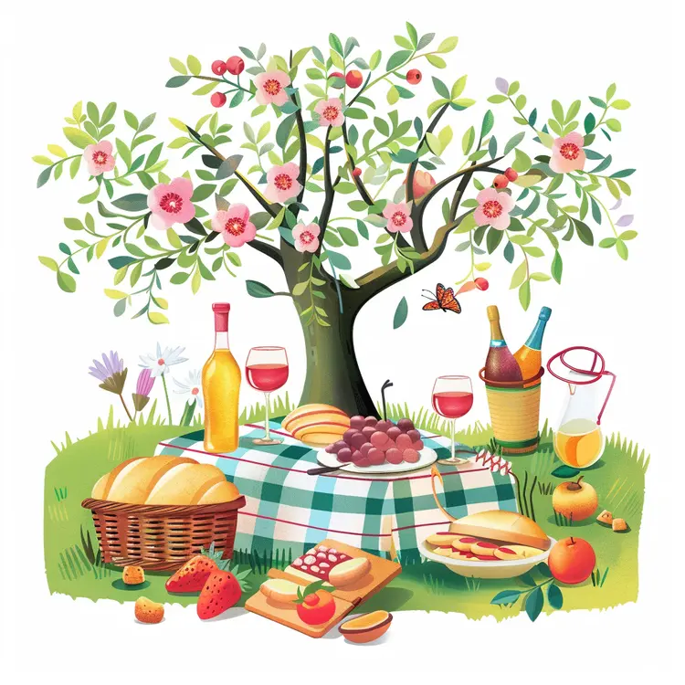 Picnic with Food and Tree Illustration