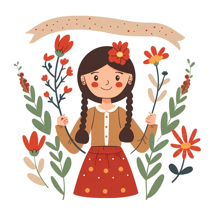 Cute Girl with Flowers Illustration