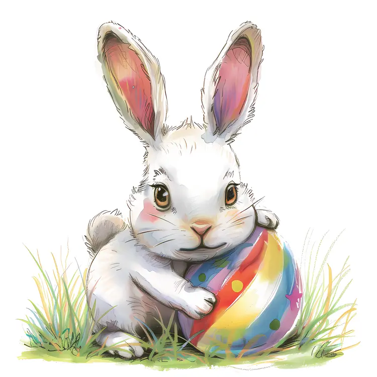 White Bunny Holding Colorful Easter Egg