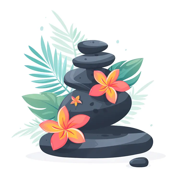 Zen Stacked Stones with Flowers and Leaves