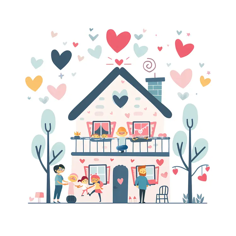 Small Cute Doodle House with Family and Hearts