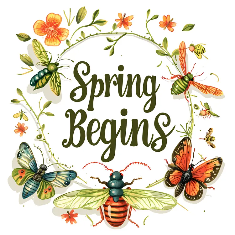 Spring Begins Text with Flowers and Butterflies
