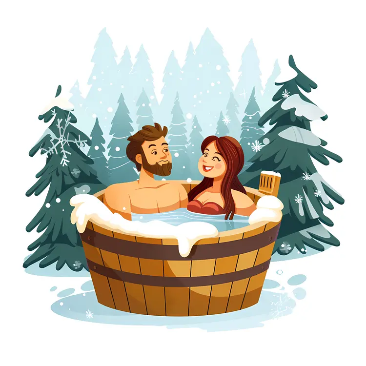 Couple Relaxing in Hot Tub During Snowfall