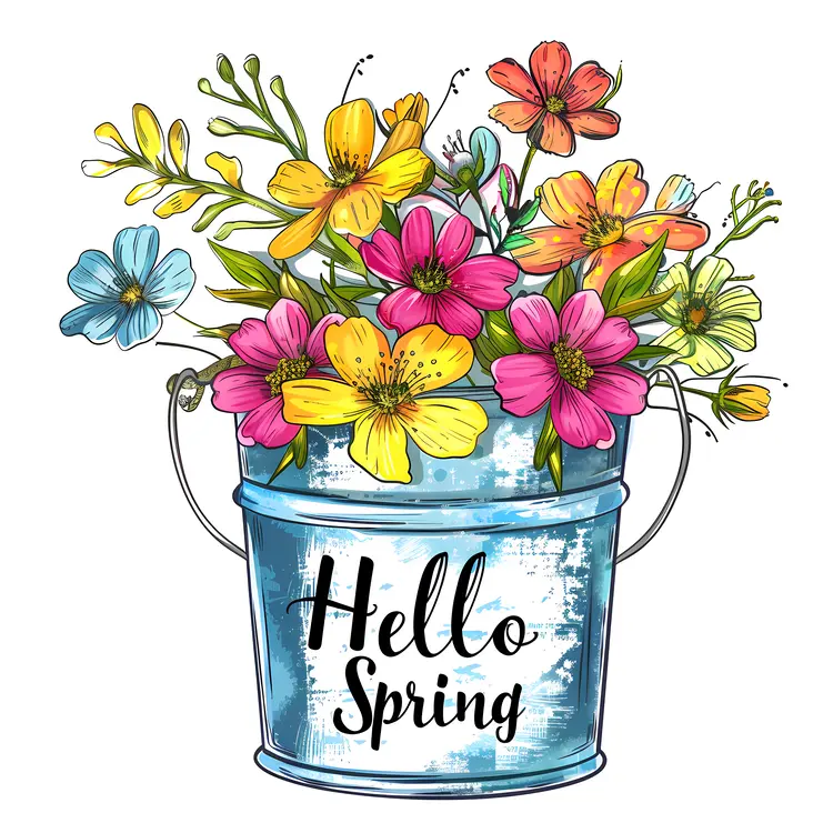 Hand-drawn Spring Flowers in a Blue Bucket