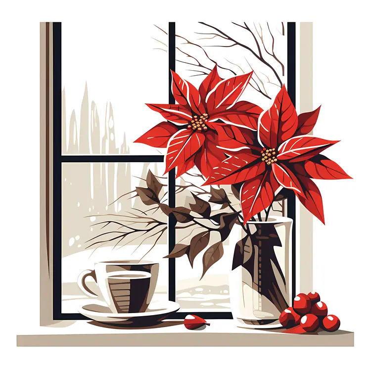Red Poinsettia by the Window with Coffee Cup