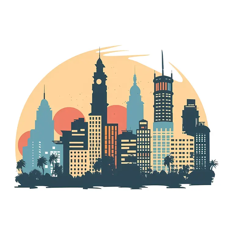 Colorful City Skyline at Sunset