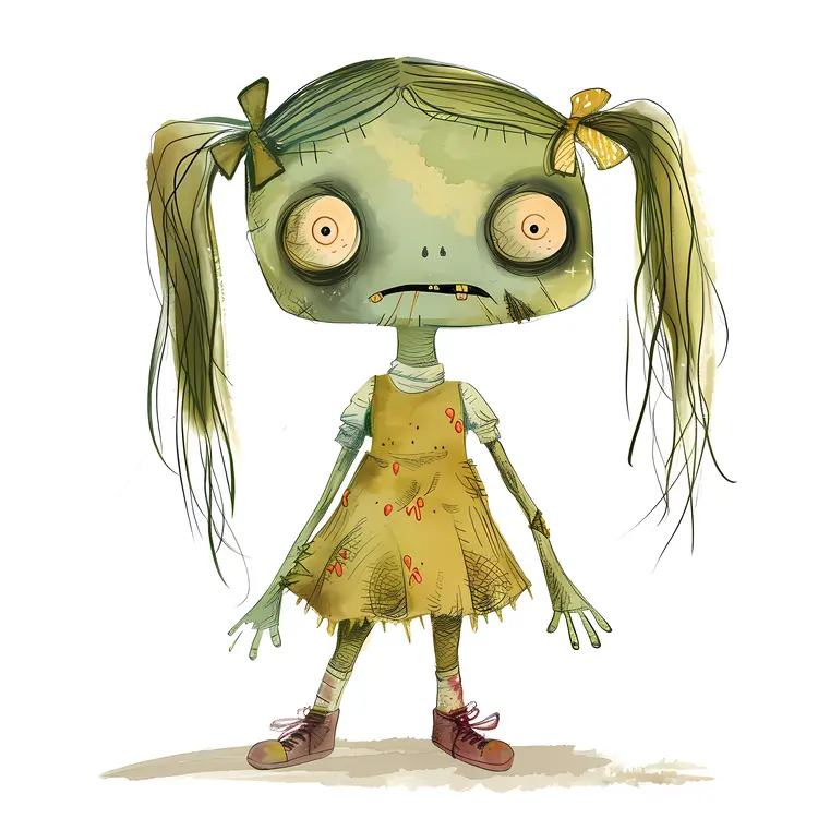 Green Zombie Girl with Pigtails