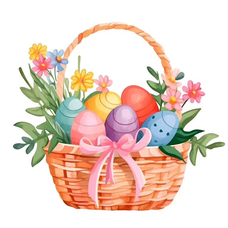 Colorful Easter Eggs in Basket with Flowers