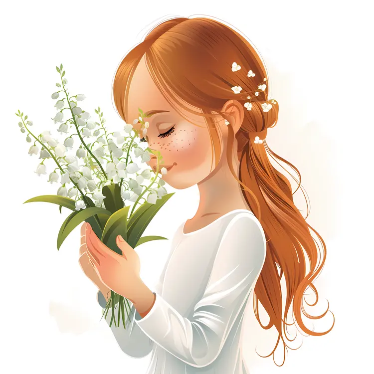 Red-Haired Girl with Flowers in White Dress