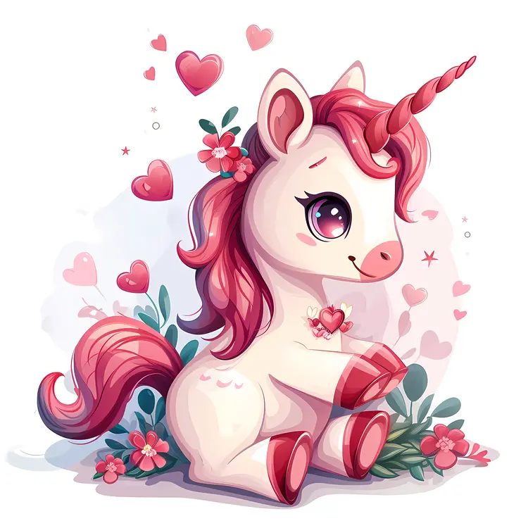 Cute Unicorn with Pink Mane and Hearts