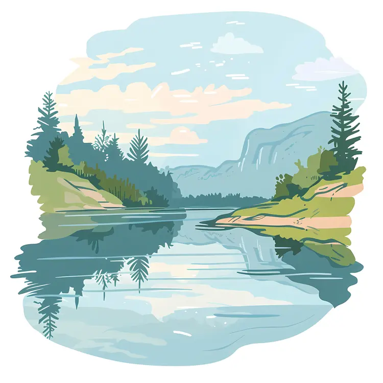 Serene Landscape Illustration with River and Trees