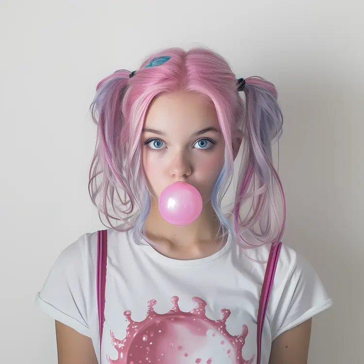 Pink-haired Girl with Pigtails Blowing Bubblegum