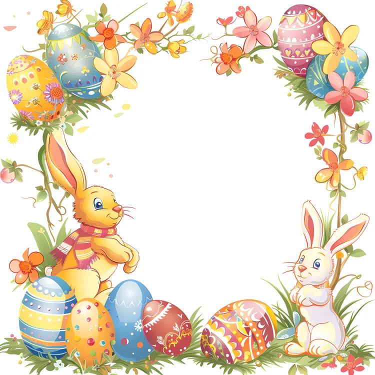 Easter Bunnies and Decorated Eggs in a Floral Frame