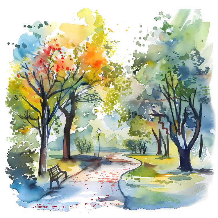 Colorful Trees in a Park with a Bench