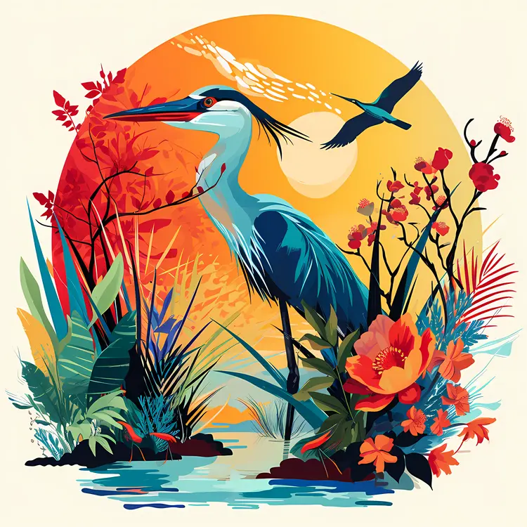 Heron by the Lake at Sunset