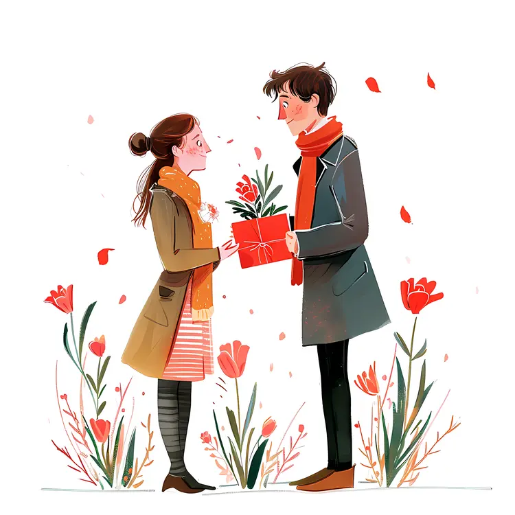 Couple Exchanging Gift with Flowers