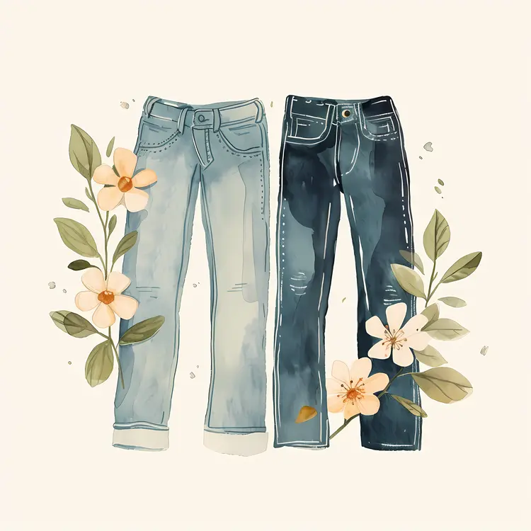 Light Blue and Dark Blue Jeans with Floral Decoration