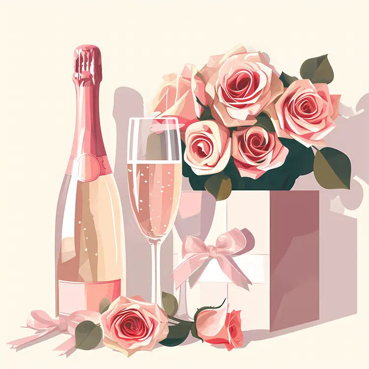 Champagne Bottle with Roses and Gift Box