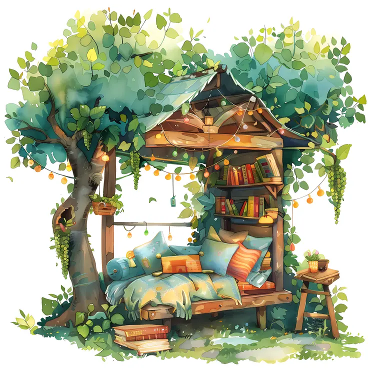 Illustration of a Cozy Reading Nook with Lights