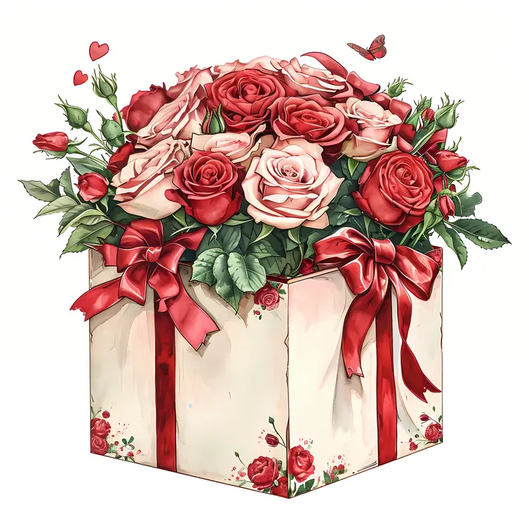 Gift Box with Red and Pink Roses for Valentine's Day