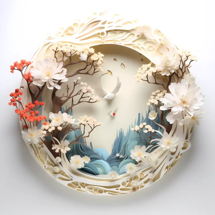 Intricate Paper Art with Bird and Flowers