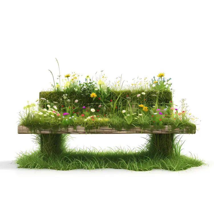 Lush Grass Bench with Colorful Flowers